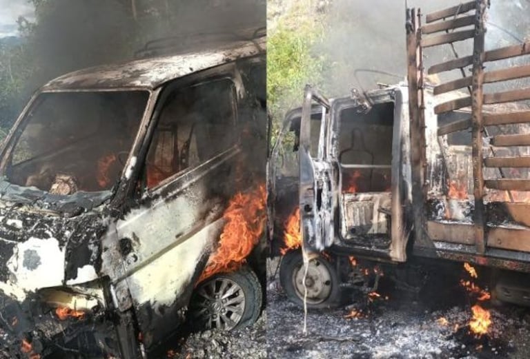 Dos vehículos del Grupo de Energía Bogotá fueron incinerados por hombres armados en la vereda Posito, zona rural de San Pedro.