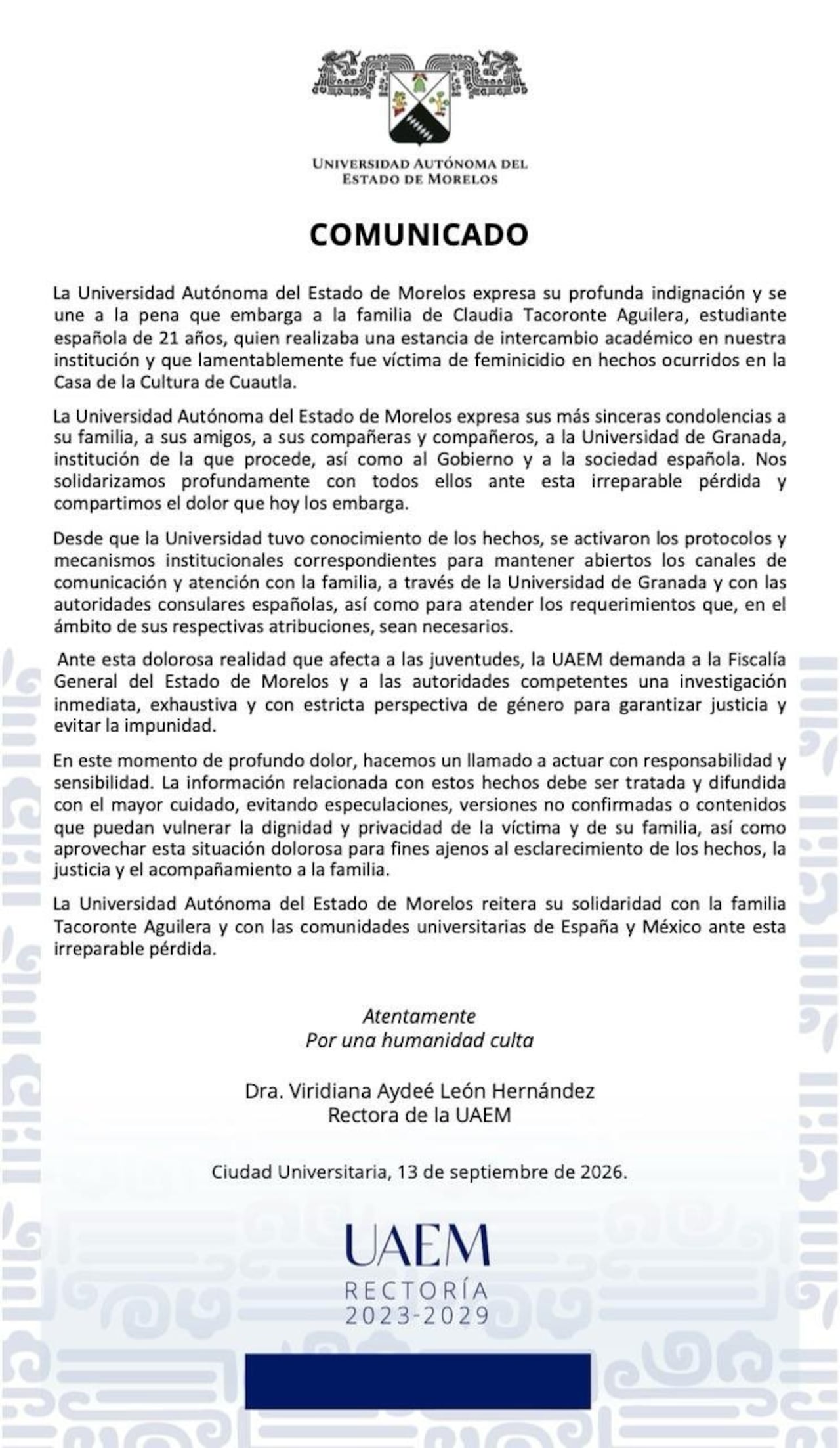Comunicado de la universidad en Morelos.