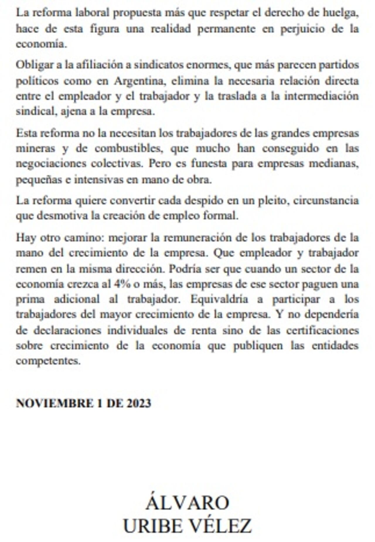 Carta de Álvaro Uribe Vélez sobre la reforma laboral.