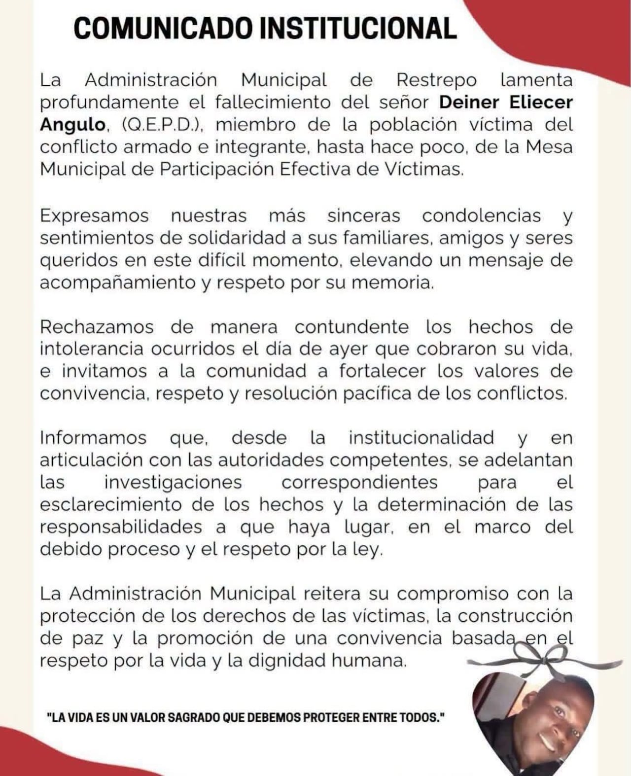 Este es el pronunciamiento de la Alcaldía de Restrepo.