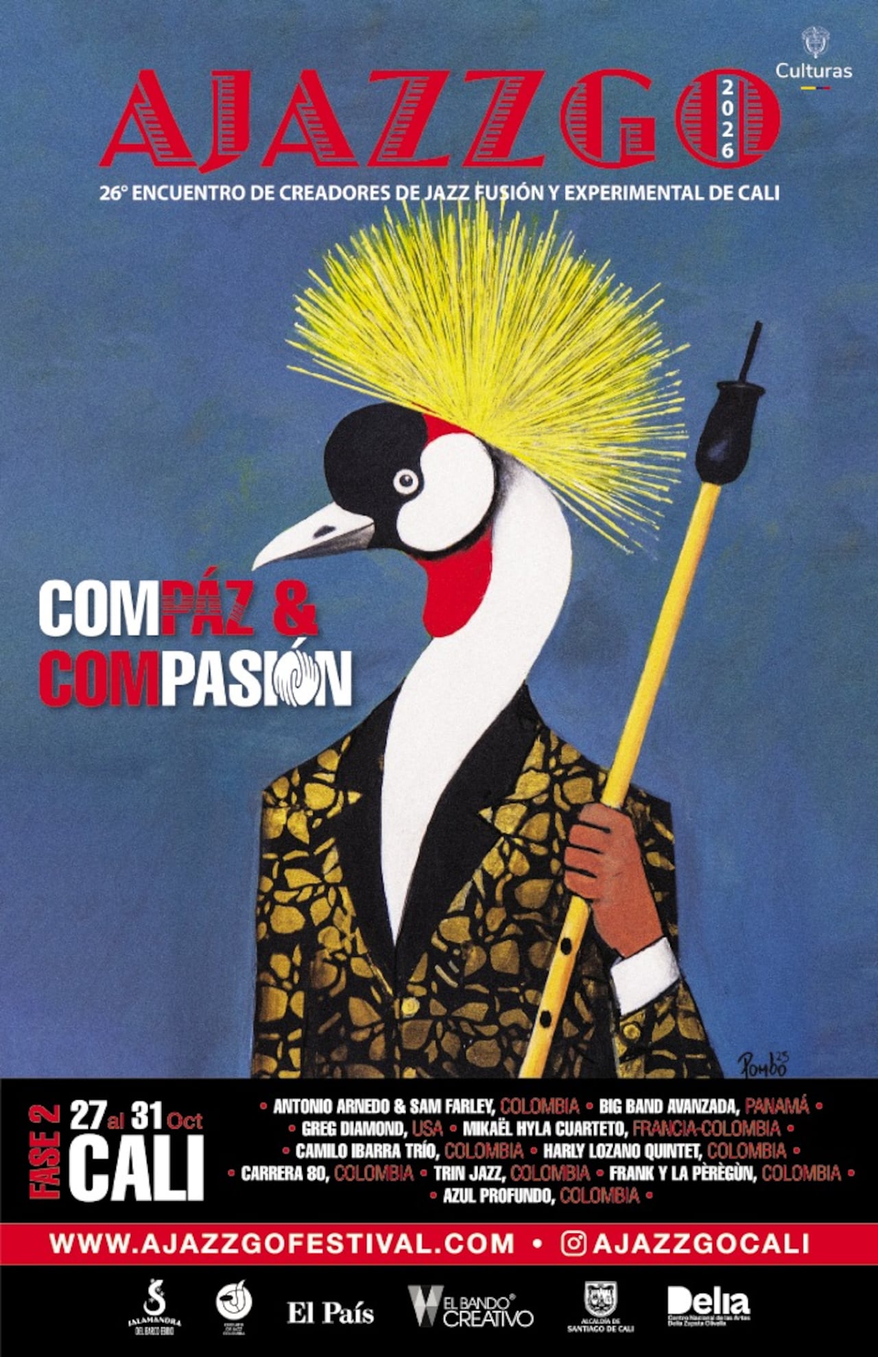 Pombo plasmó en el afiche una grulla tocando gaita: “habita el norte de África, el sur de España y Francia, de donde vienen muchos músicos“.