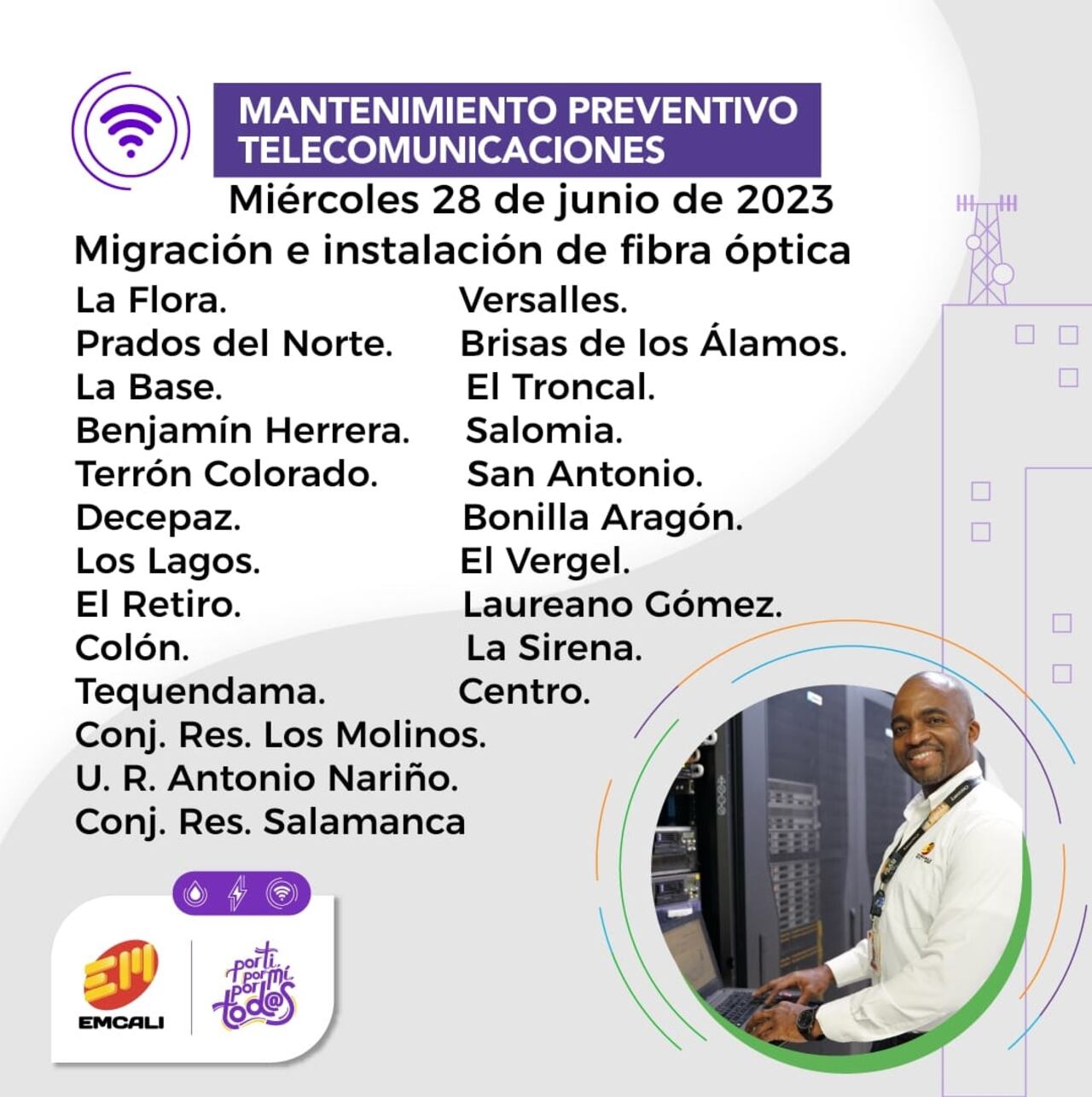 Cortes del servicio de telecomunicaciones durante el miércoles 28 de junio en Cali.