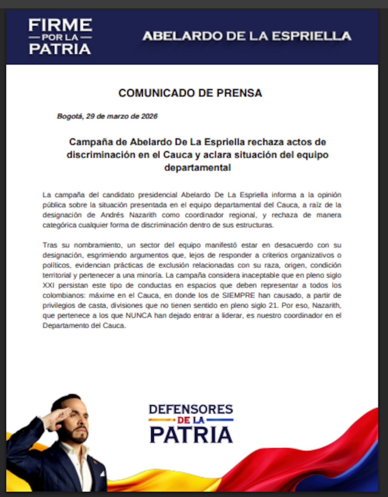 Comunicado emitido por el equipo Defensores de la Patria de Abelardo de la Espriella.