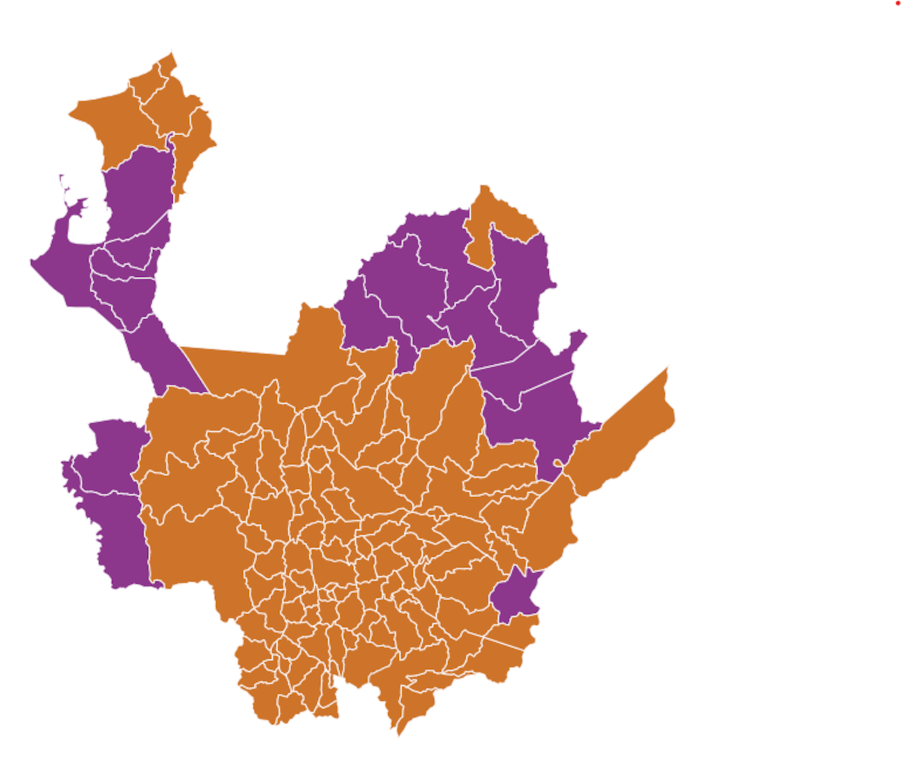 El mapa electoral muestra la distribución del voto por departamento en la primera vuelta presidencial.