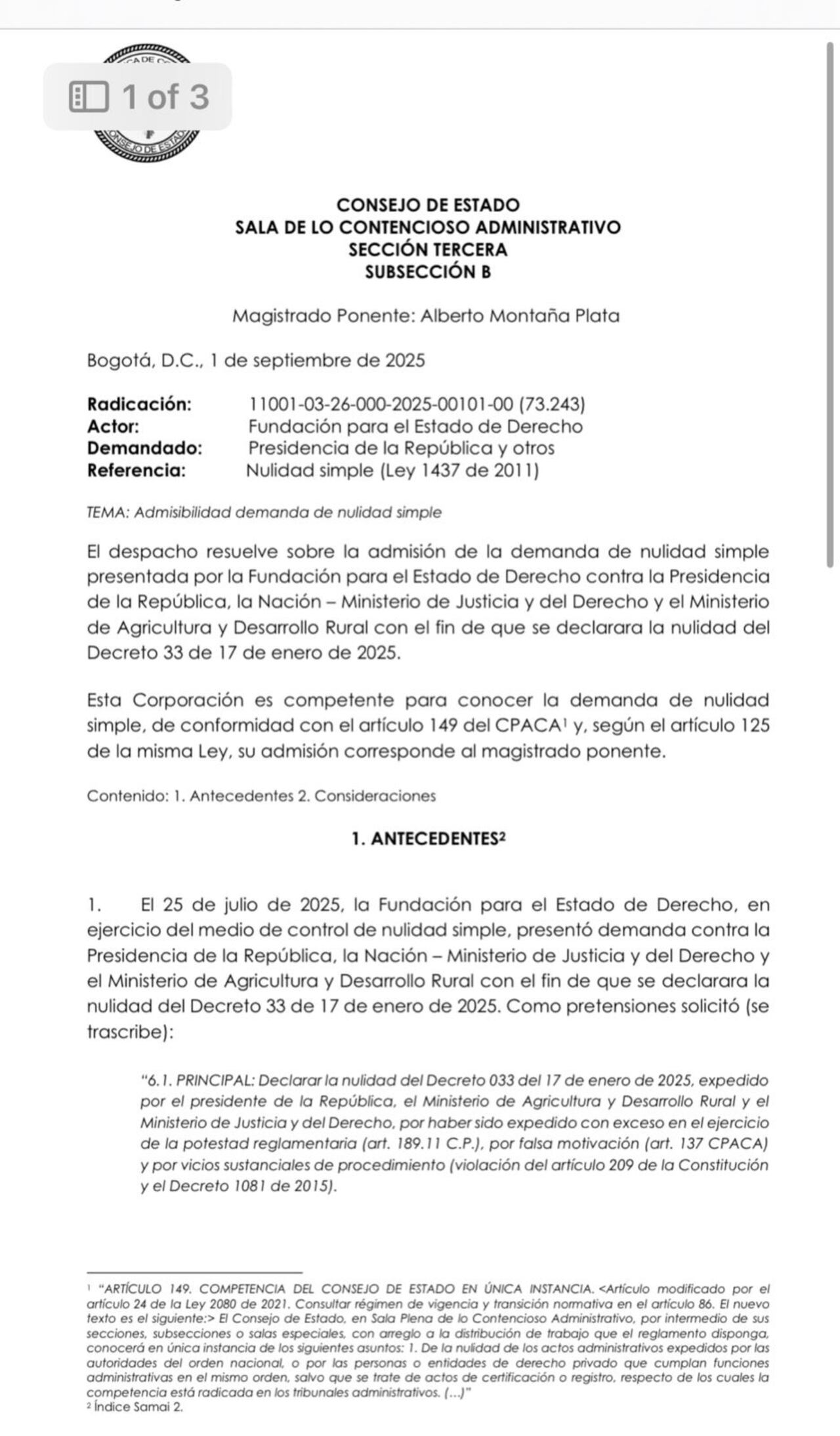 undación para el Estado de Derecho logra que el Consejo de Estado estudie nulidad del Decreto 033.