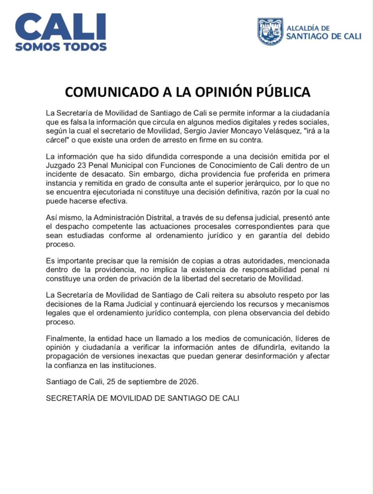 Este es el comunicado emitido por la Secretaría de Movilidad frente a la supuesta orden de arresto contra Sergio Moncayo.