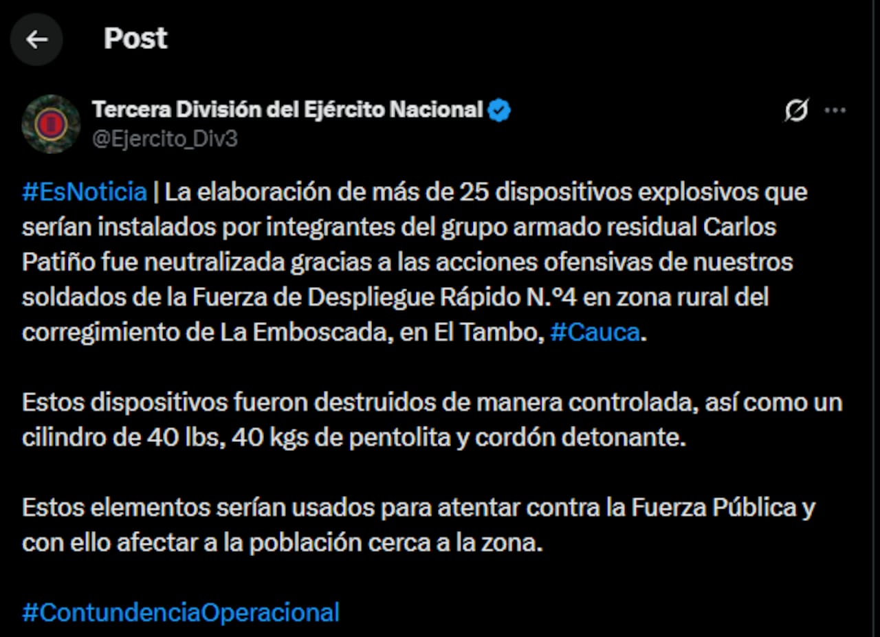 Tropas del Ejército Nacional lograron la ubicación y posterior destrucción controlada de un arsenal.