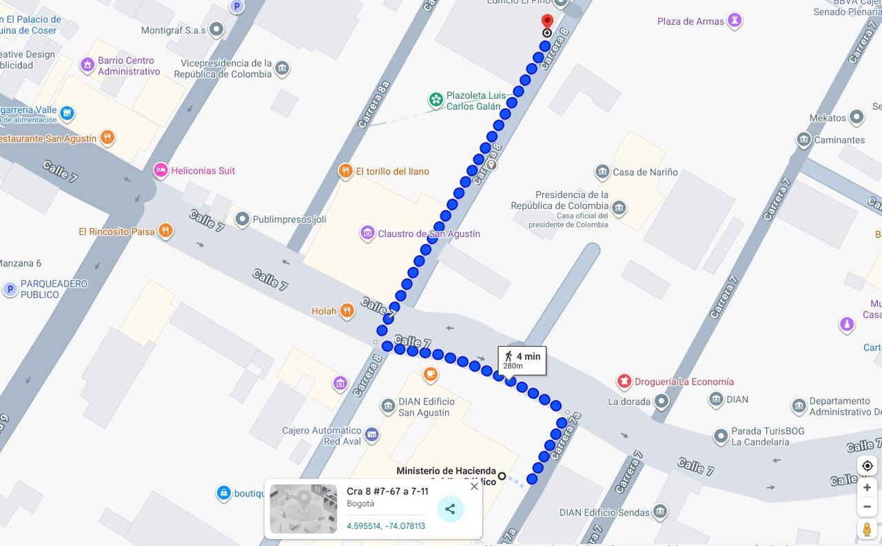 Este fue la ruta que siguieron el ministro de Hacienda, Ricardo Bonilla y su asesora, María Alejandra Benavides para reunirse con el ministro del Interior, Luis Fernando Velasco.