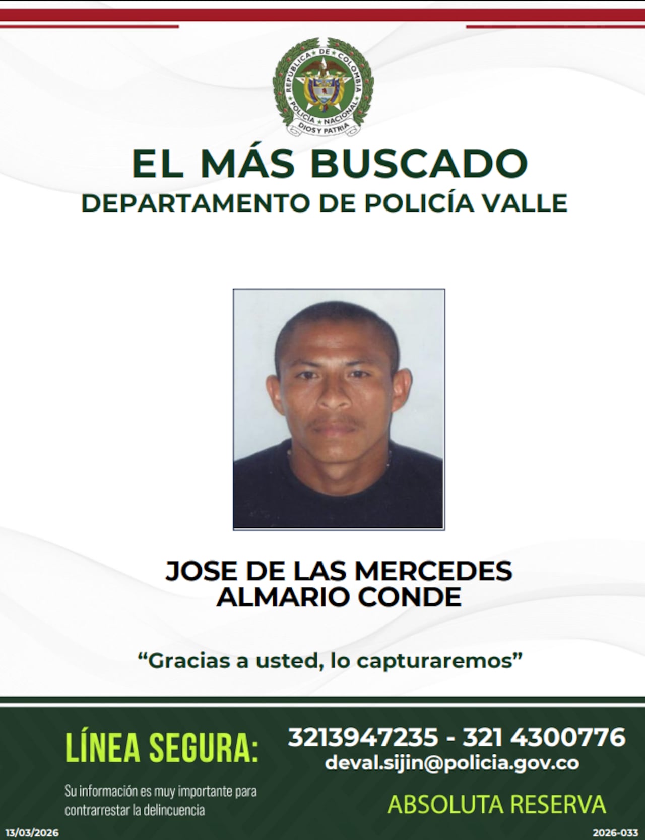 Alias “M6” o “Miller”, señalado líder armado de la subestructura Frente Valle, fue detenido por orden judicial en Sevilla. Hacía parte del cartel de los más buscados del Departamento de Policía Valle desde el año 2025.
