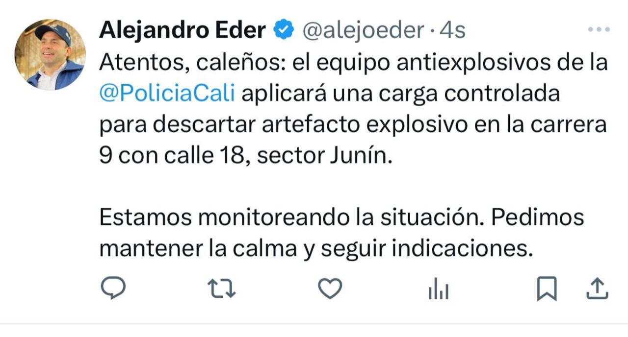 El trino de alcalde Alejandro Eder alertando sobre la situación.