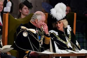 Britain's King Charles III and Queen Camilla during the National Service of Thanksgiving and Dedication for King Charles III and Queen Camilla, and the presentation of the Honours of Scotland, at St Giles' Cathedral, in Edinburgh, Wednesday, July 5, 2023. (Andrew Milligan/Pool photo via AP)