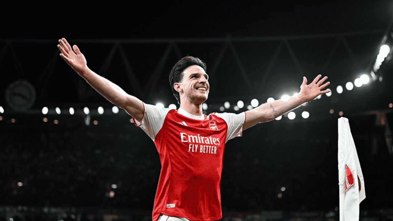 Declan Rice tras marcarle el segundo gol del Arsenal al Bayern Leverkusen por la Champions League.