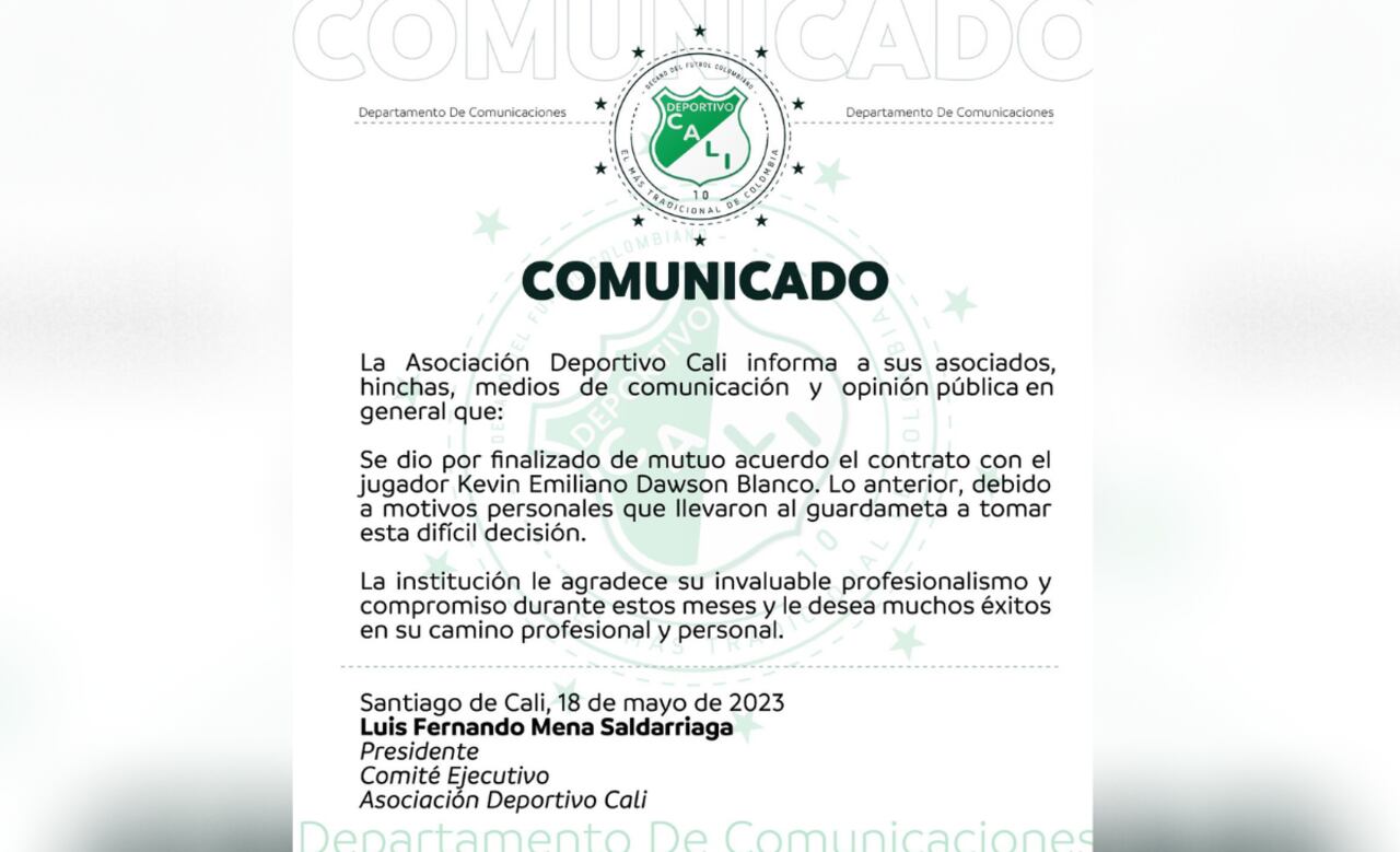 Comunicado Deportivo Cali sobre la salida de Dawson.