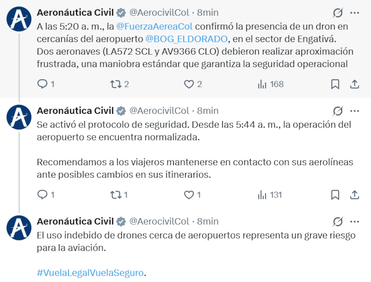 Aeronáutica Civil reportó nueva interrupción en El Dorado por dron.
