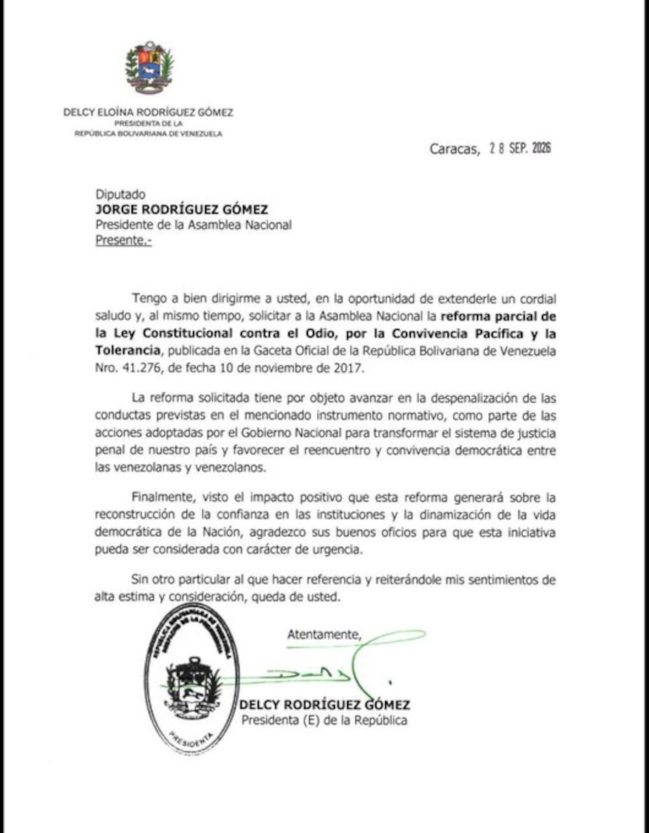 Solicitud de reforma parcial de la Ley Constitucional contra el Odio, por la Convivencia Pacífica y la Tolerancia en Venezuela.