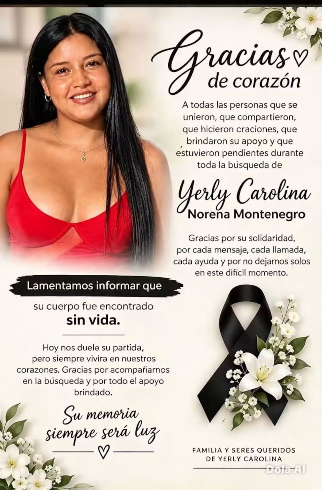 Yerly Carolina Noreña Montenegro, de 19 años, fue hallada sin vida después de varios días de búsqueda tras el volcamiento de una lancha en el río López de Micay.
