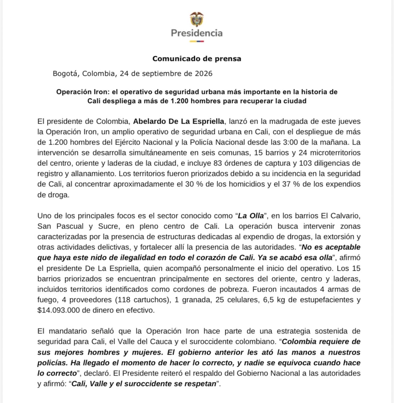Comunicado Presidencia operativo Cali