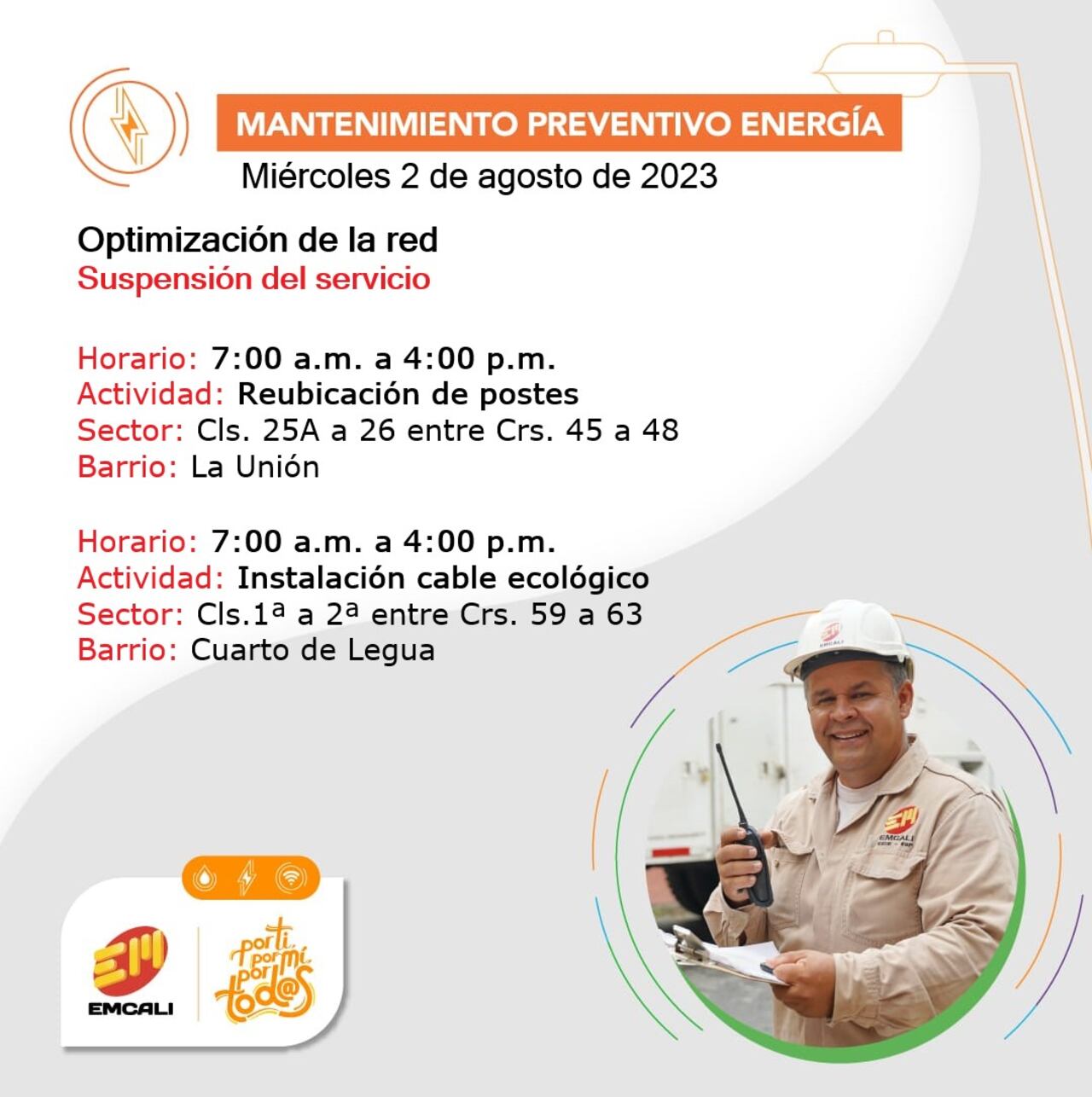 Emcali publicó la zonas que tendrán cortes de energía este miércoles 2 de agosto. Foto: Emcali