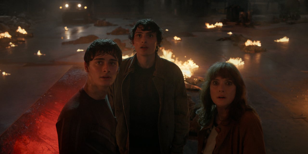 STRANGER THINGS: SEASON 5. (L to R) Noah Schnapp as Will Byers, Finn Wolfhard as Mike Wheeler, and Winona Ryder as Joyce Byers in Stranger Things: Season 5. Cr. COURTESY OF NETFLIX © 2025