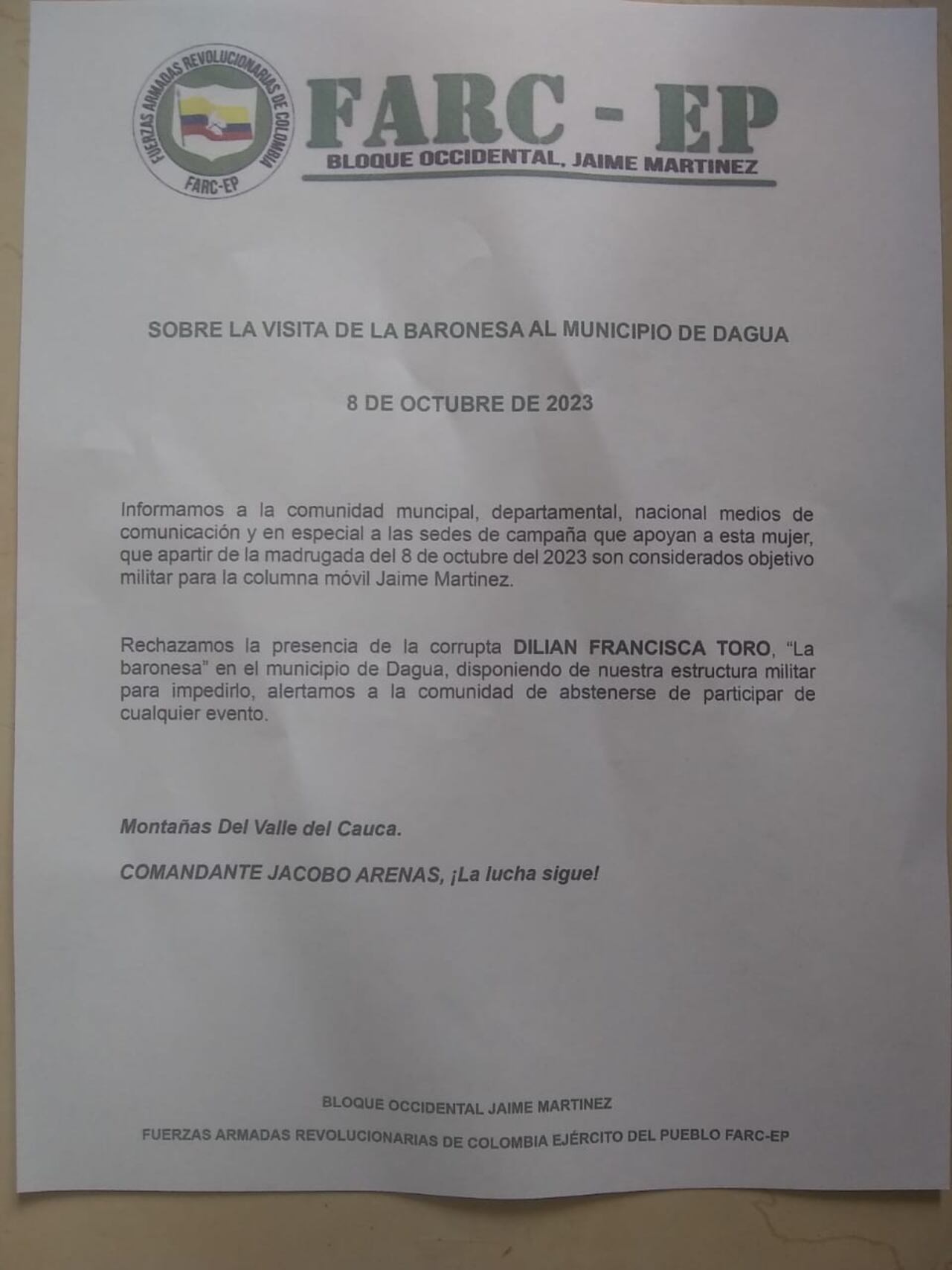 El panfleto en contra de Dilian Francisca Toro en Dagua.