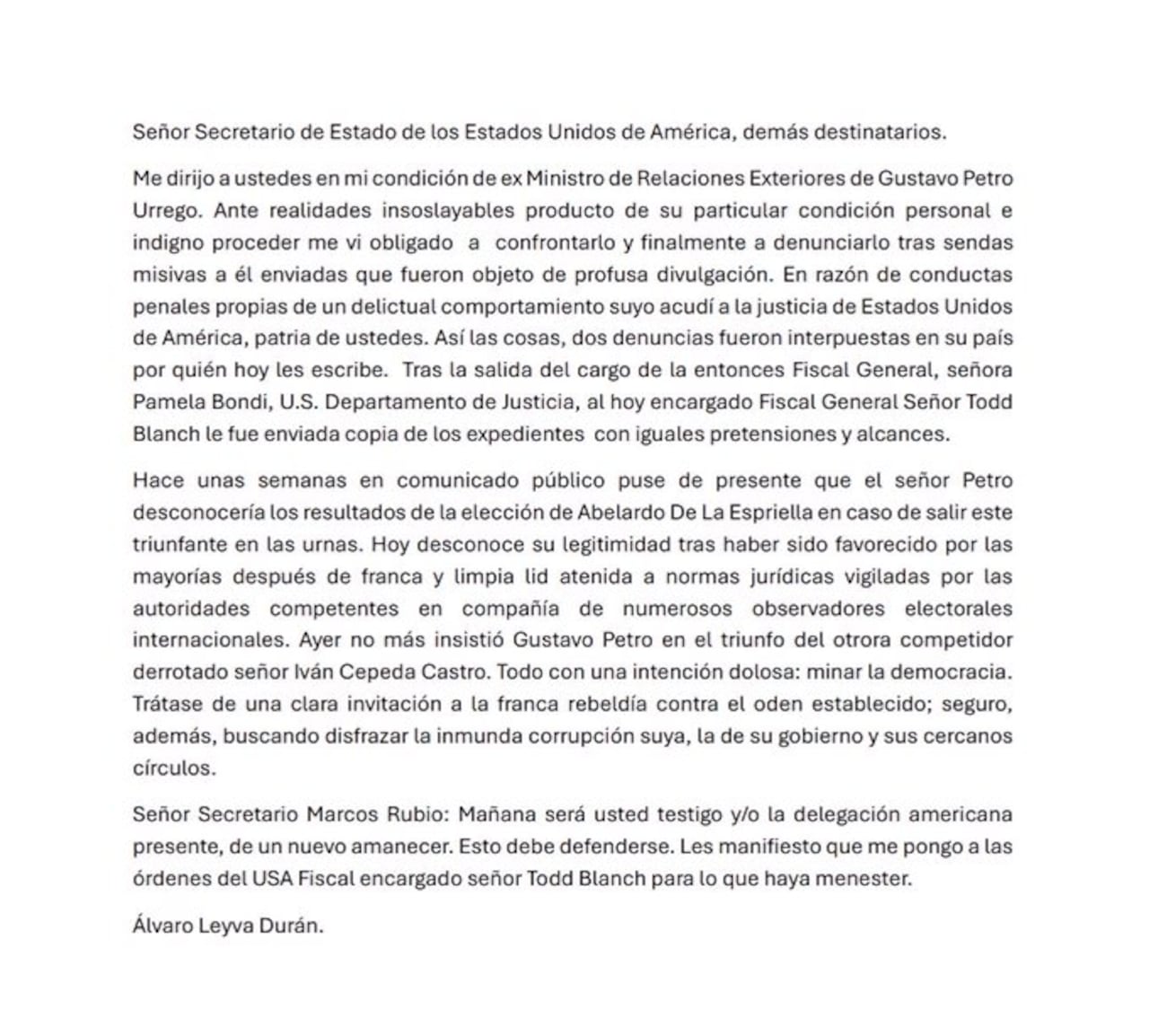 Excanciller Álvaro Leyva remite carta a EE. UU. con acusaciones contra Petro.
