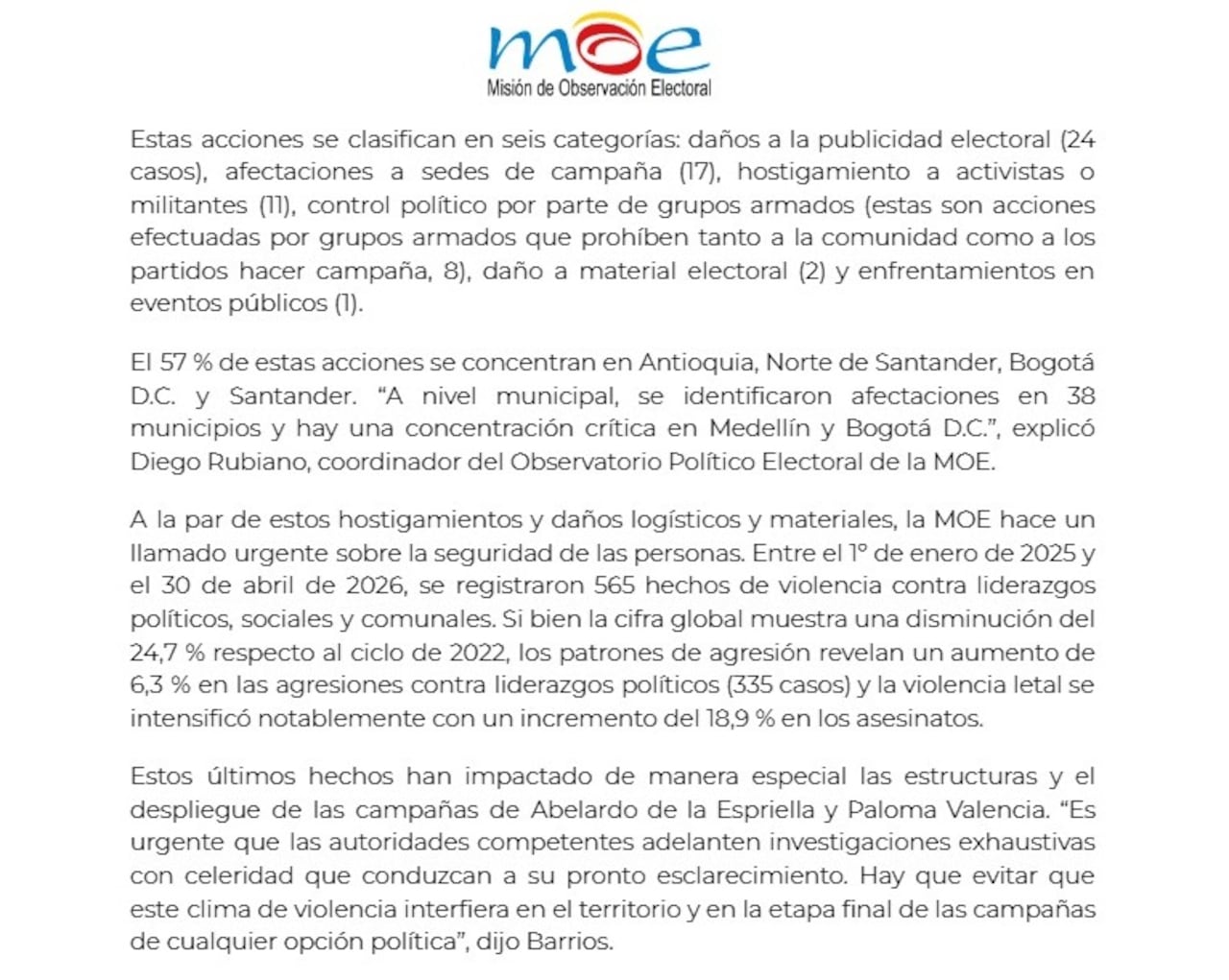 Estos fueron algunos de los datos revelados por la Misión de Observación Electoral.