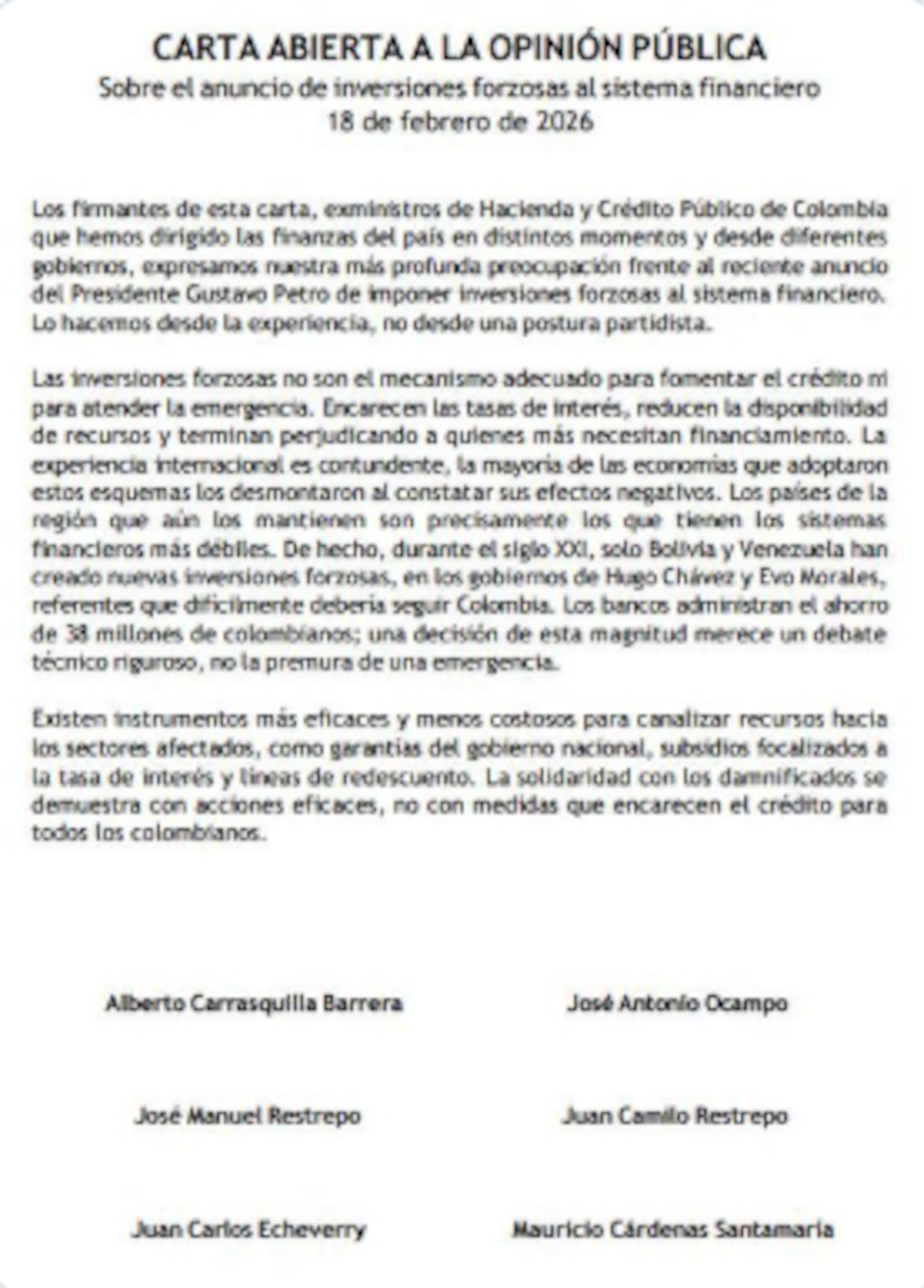 En carta abierta a la opinión pública, Exministros de Hacienda rechazan propuesta del gobierno Petro de implementar la figura de inversiones forzosas.