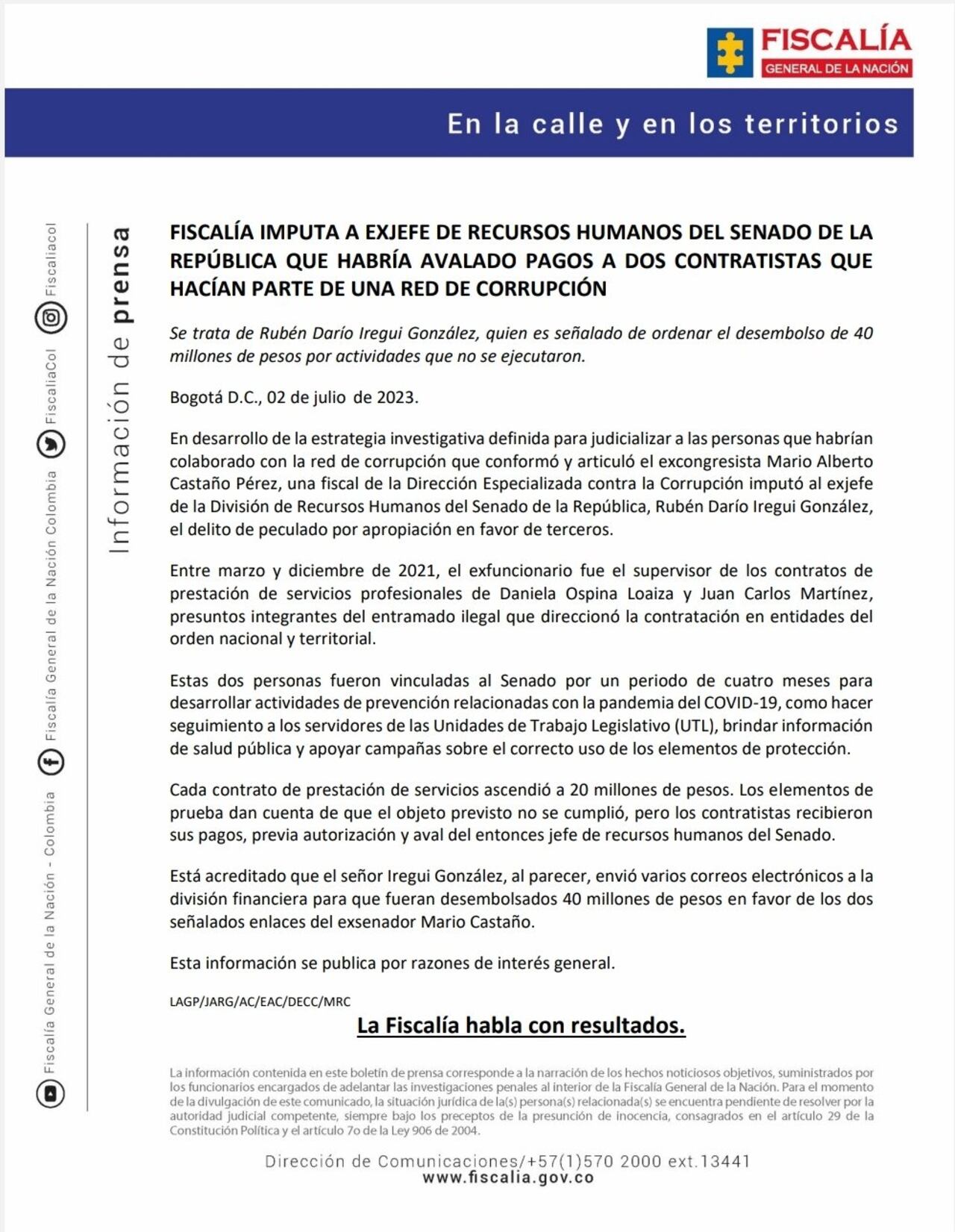 Este es el comunicado que la Fiscalía emitió sobre la imputación de Iregui González.