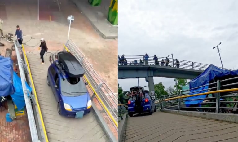 Un video difundido en redes sociales muestra el momento en que varios hombres intentan subir un automóvil a un puente peatonal en Bogotá, una maniobra que generó rechazo entre los ciudadanos.