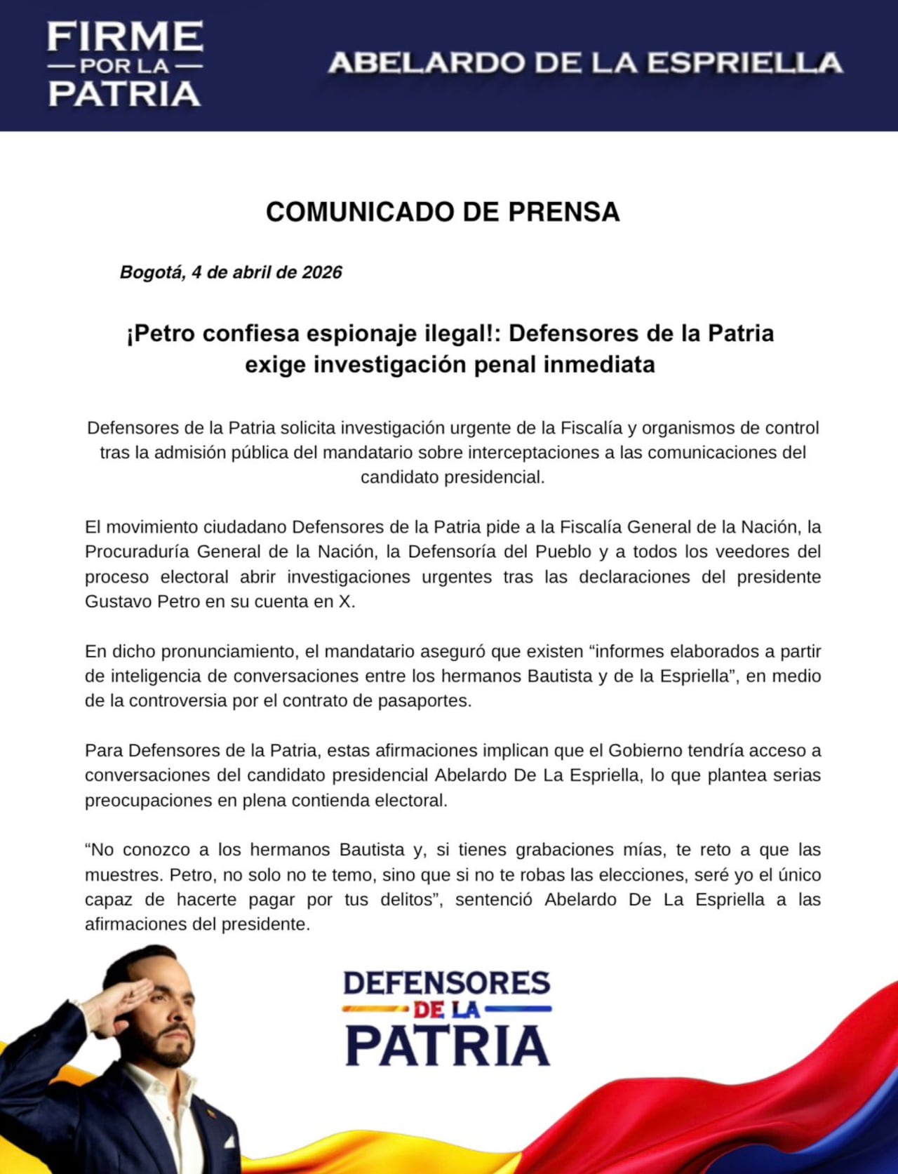 Comunicado Abelardo Espriella.