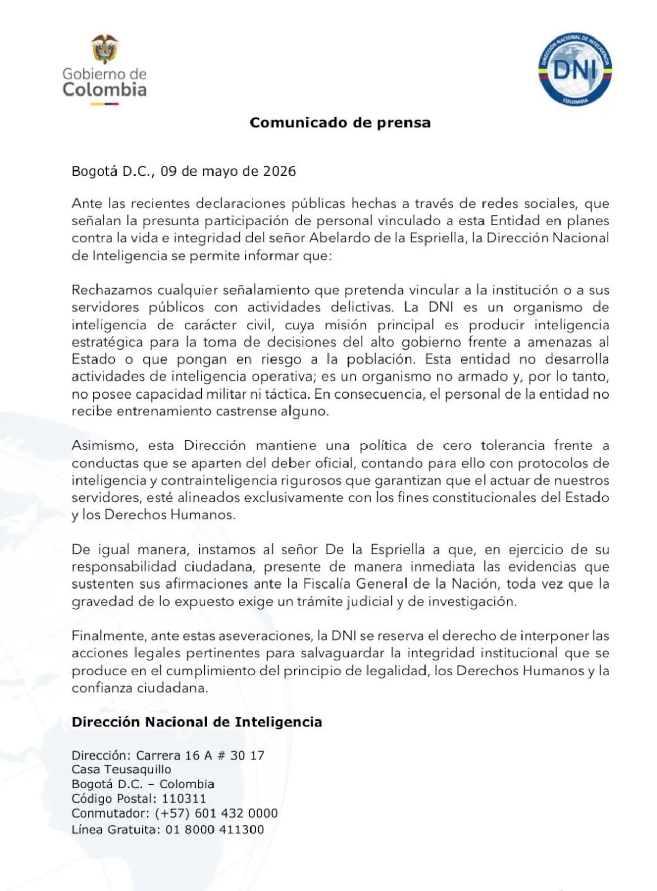 DNI pidió pruebas tras señalamientos sobre supuesto atentado contra Abelardo de la Espriella