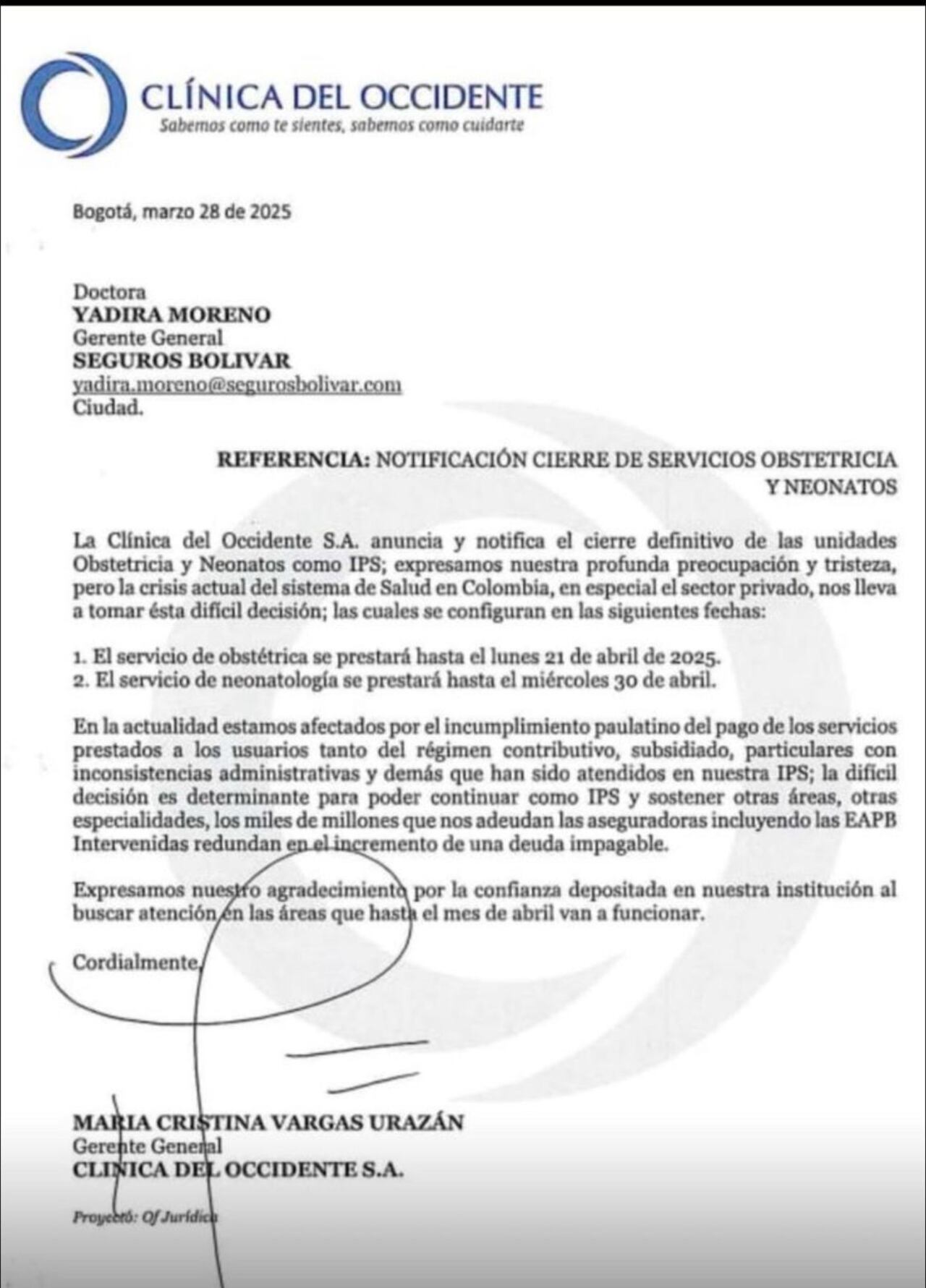 Carta de la Clínica del Occidente de Bogotá anunciando el cierre de sus unidades de Obstetricia y Neonatos.