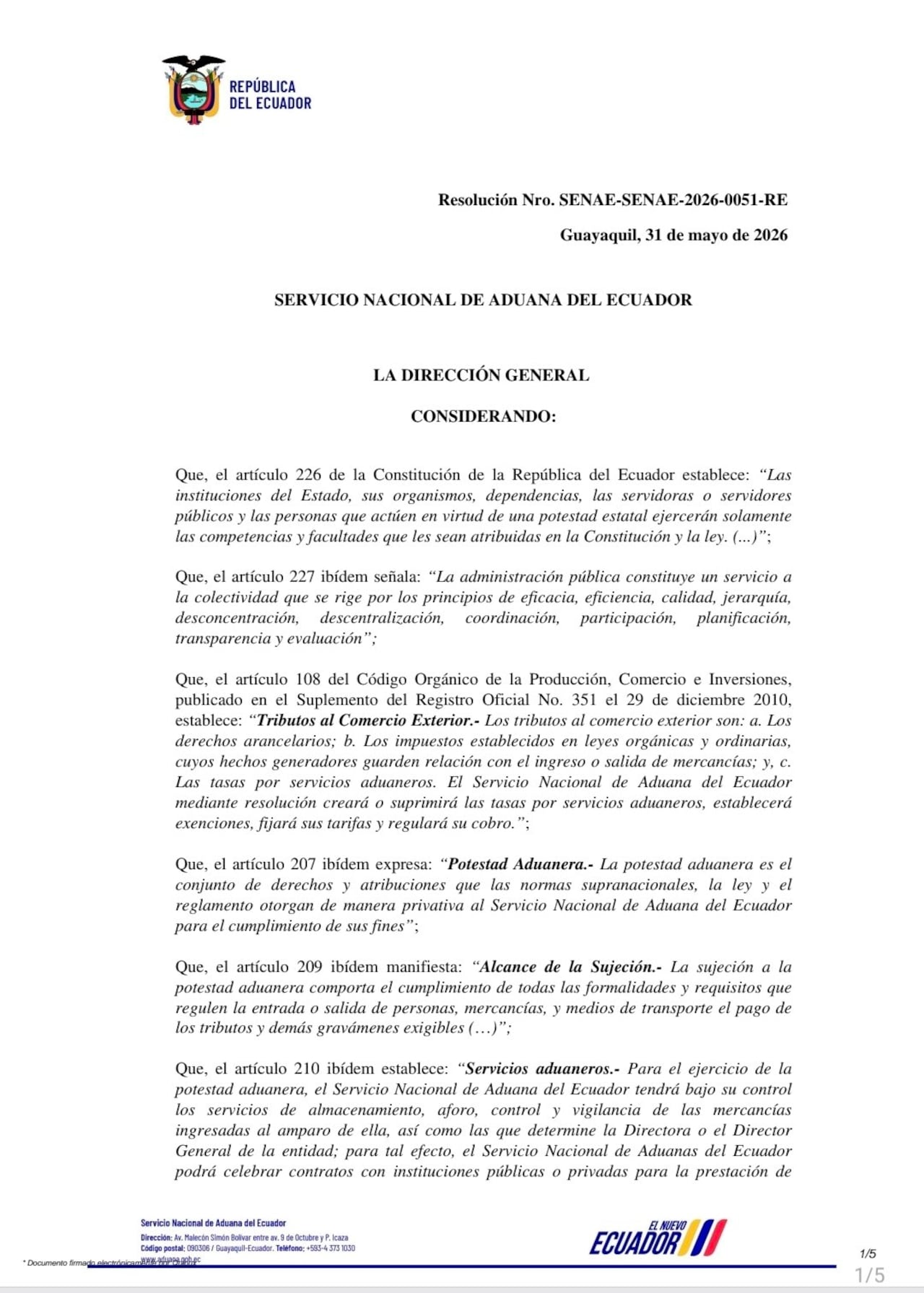 El Servicio Nacional de Aduana del Ecuador elimina la tasa por servicio aduanero a Colombia.