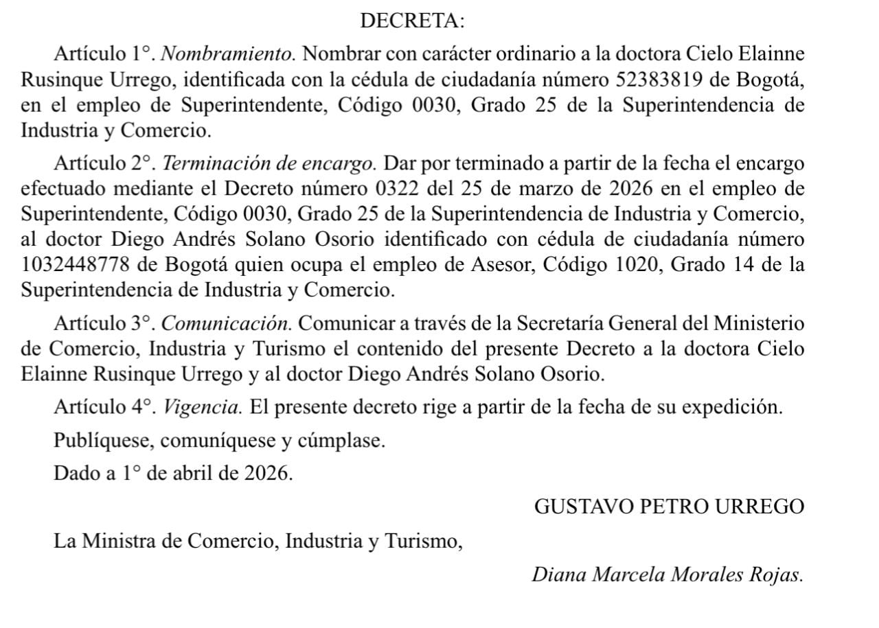 Cielo Rusinque regresa oficialmente a Superintendencia de Industria y Comercio, según el decreto 0361 de 2026.