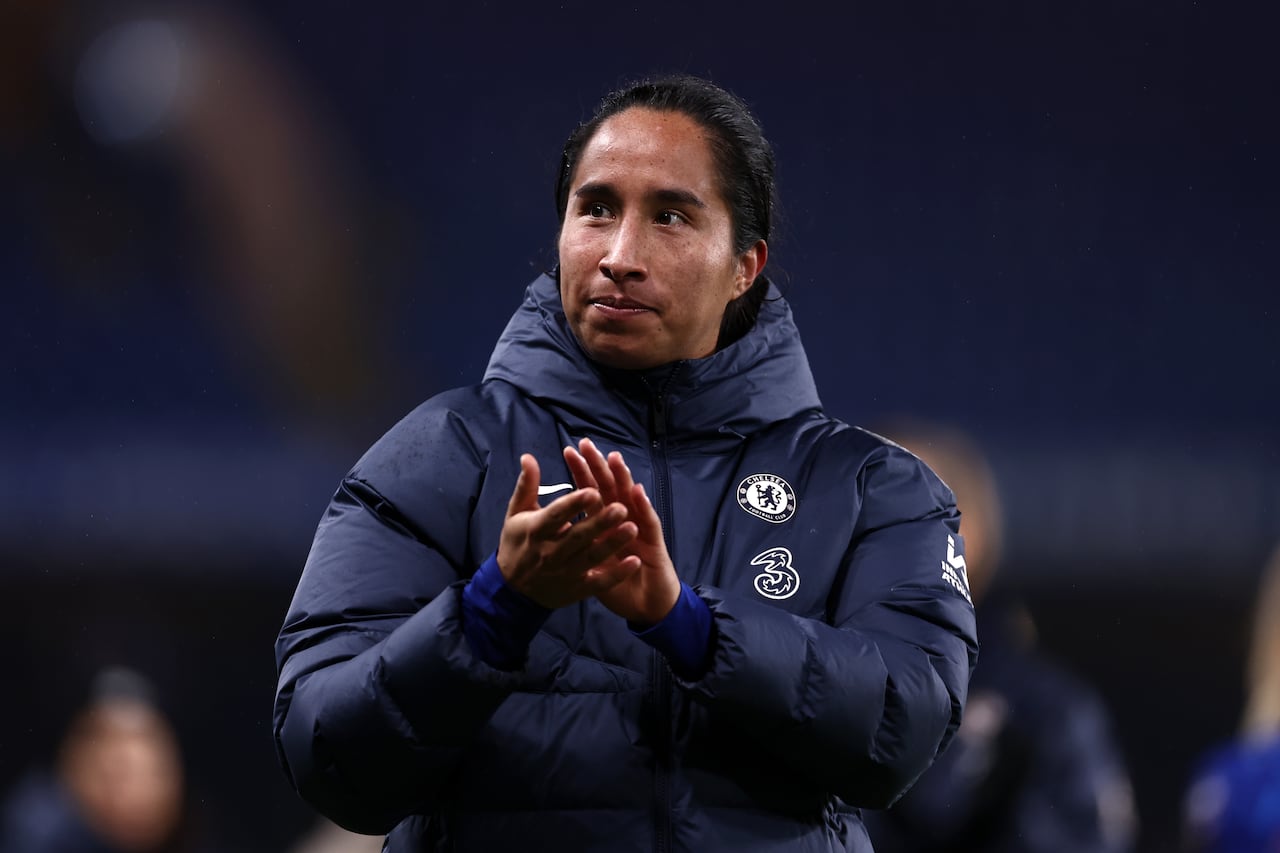 LONDON, ENGLAND - NOVEMBER 16: Mayra Ramirez of Chelsea applauds the fans following the Barclays Women's Super League match between Chelsea and Manchester City at Stamford Bridge on November 16, 2024 in London, England. (Photo by Naomi Baker - The FA/The FA via Getty Images)