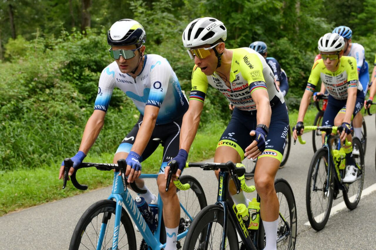 NOGARO, FRANCE - JULY 04: (L-R) Ruben Guerreiro of Portugal and Movistar Team and Rui Costa of Portugal and Team Intermarché-Circus-Wanty compete during the stage four of the 110th Tour de France 2023 a 181.8km stage from Dax to Nogaro / #UCIWT / on July 04, 2023 in Nogaro, France. (Photo by David Ramos/Getty Images)