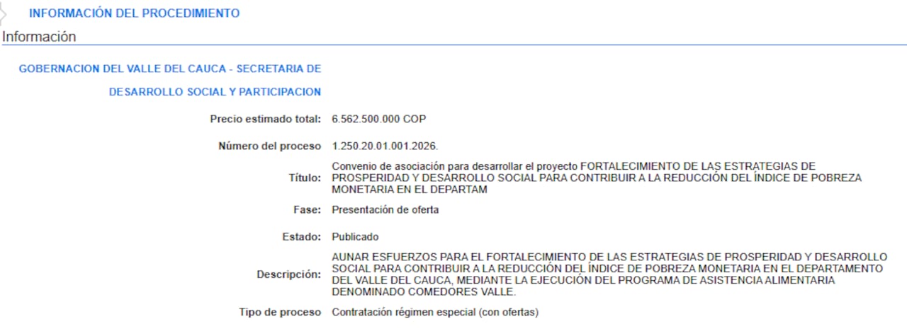 Esta es la información general del proceso contractual abierto por la Gobernación del Valle del Cauca.