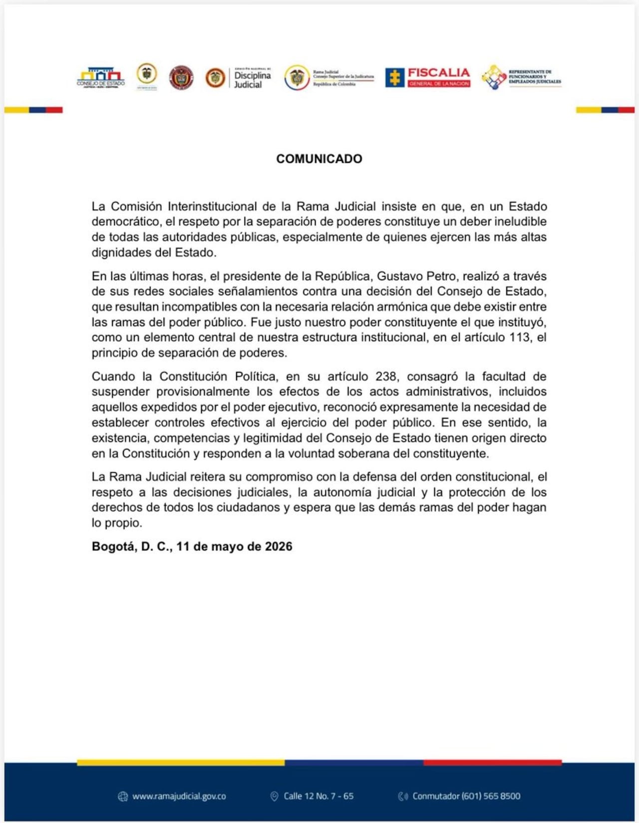 Comunicado de la Comisión Interinstitucional de la Rama Judicial.