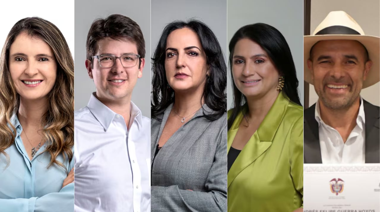 Precandidatos presidenciales del Centro Democrático: Paloma Valencia, Miguel Uribe, María Fernanda Cabal, Paola Holguín y Andrés Guerra.