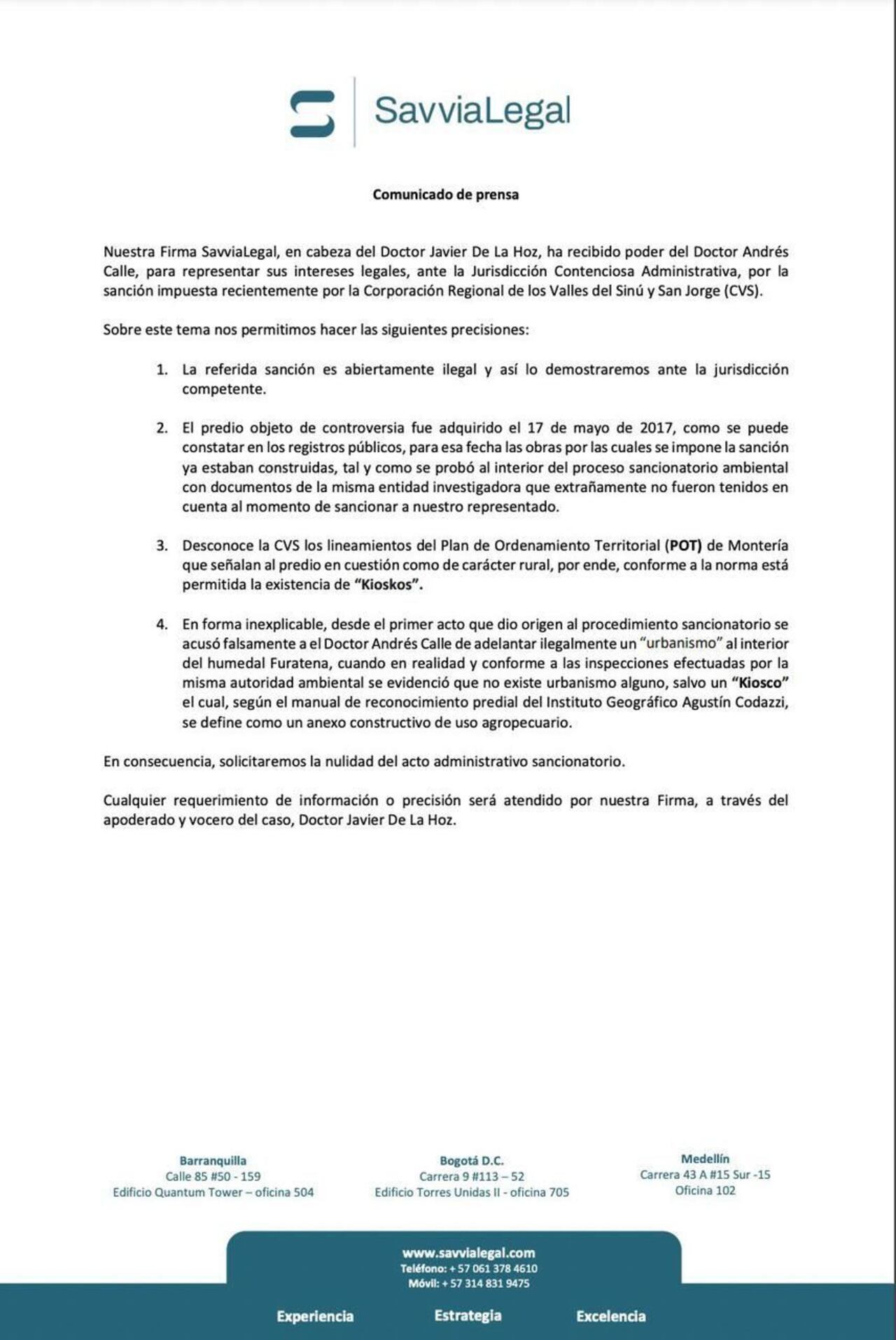 Savvia Legal se pronuncia sobre el caso del presidente de la Cámara, Andrés Calle.