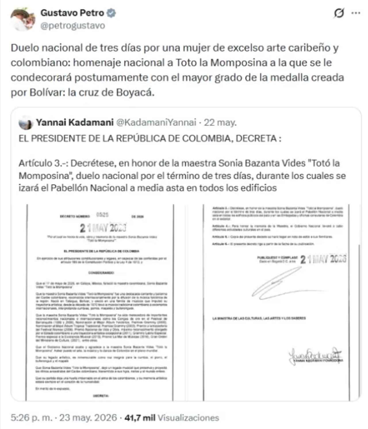 Duelo nacional de tres días por muerte de Totó la Momposina.