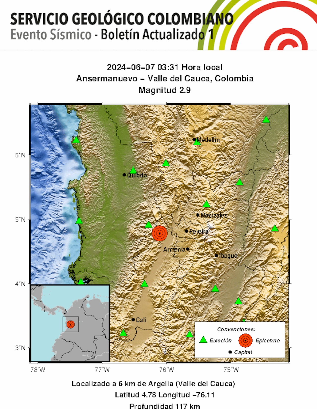 Boletín del temblor en Ansermanuevo, Valle del Cauca / 7 de junio 2024.