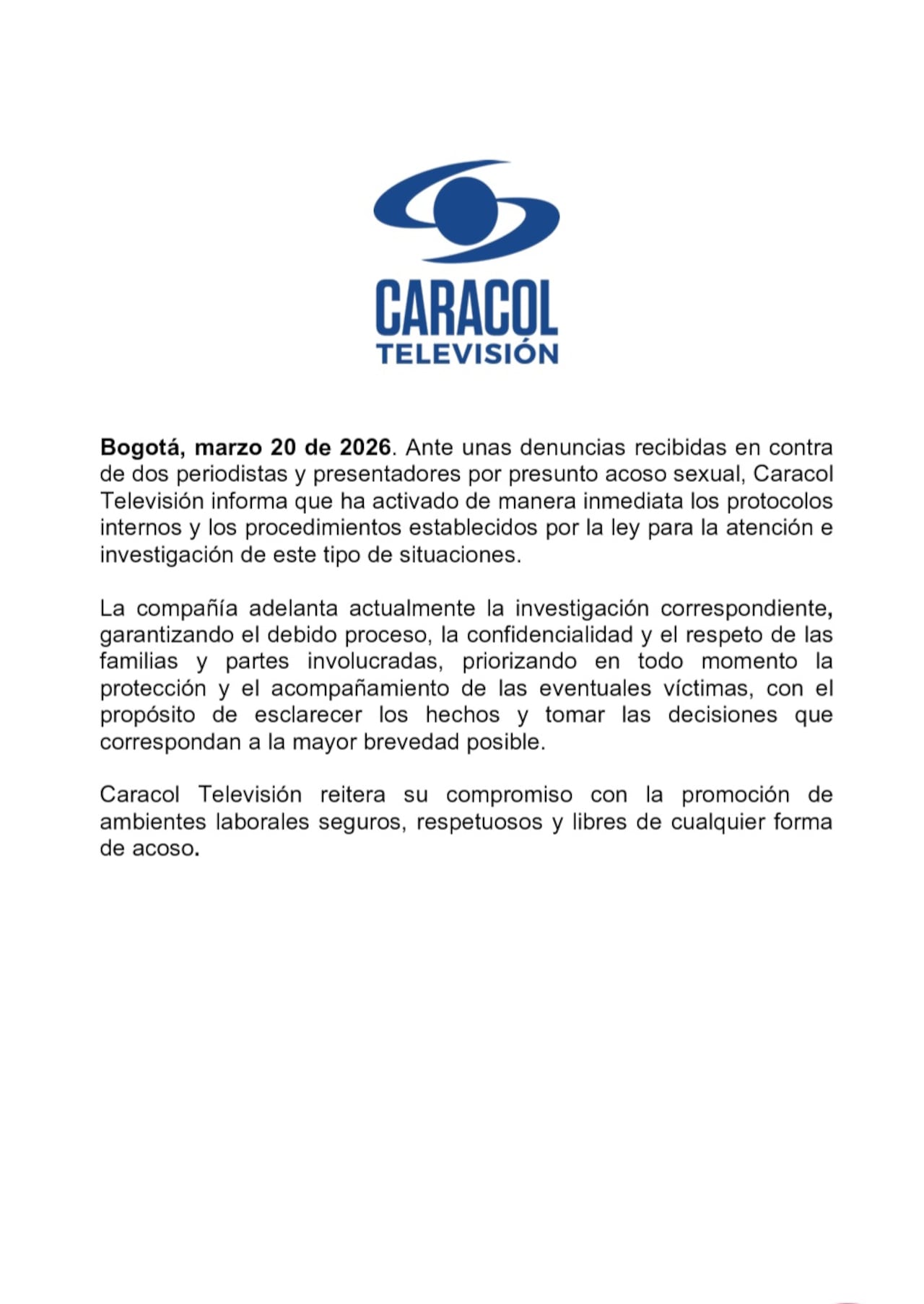 Respuesta oficial, Caracol Televisión