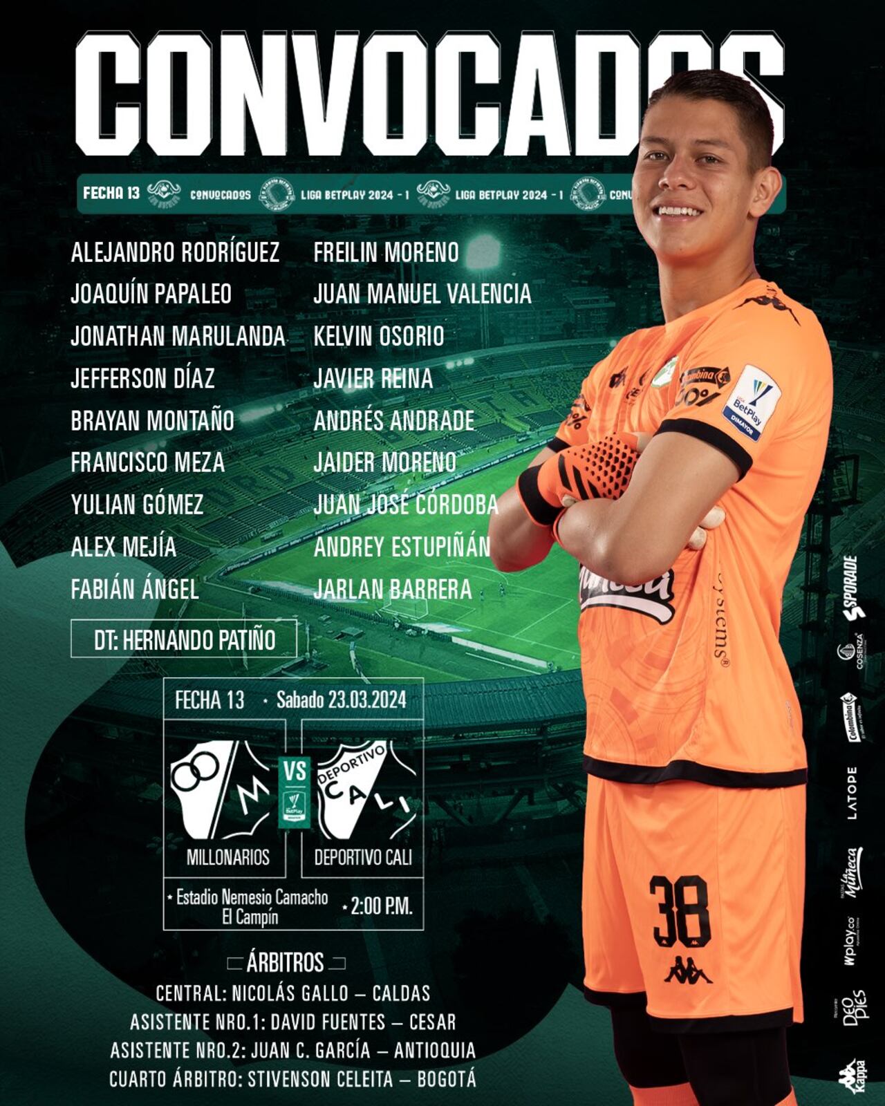 Convocados del Deportivo Cali para el partido ante Millonarios.