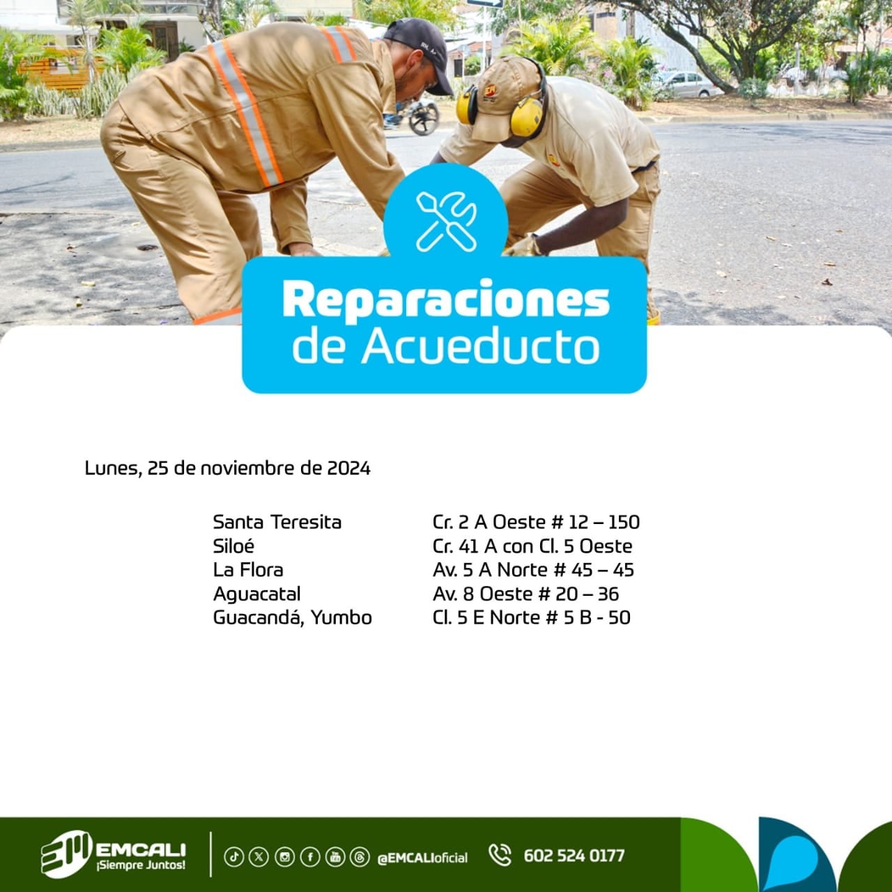 Cortes de agua en Cali para el lunes, 25 de noviembre de 2024.