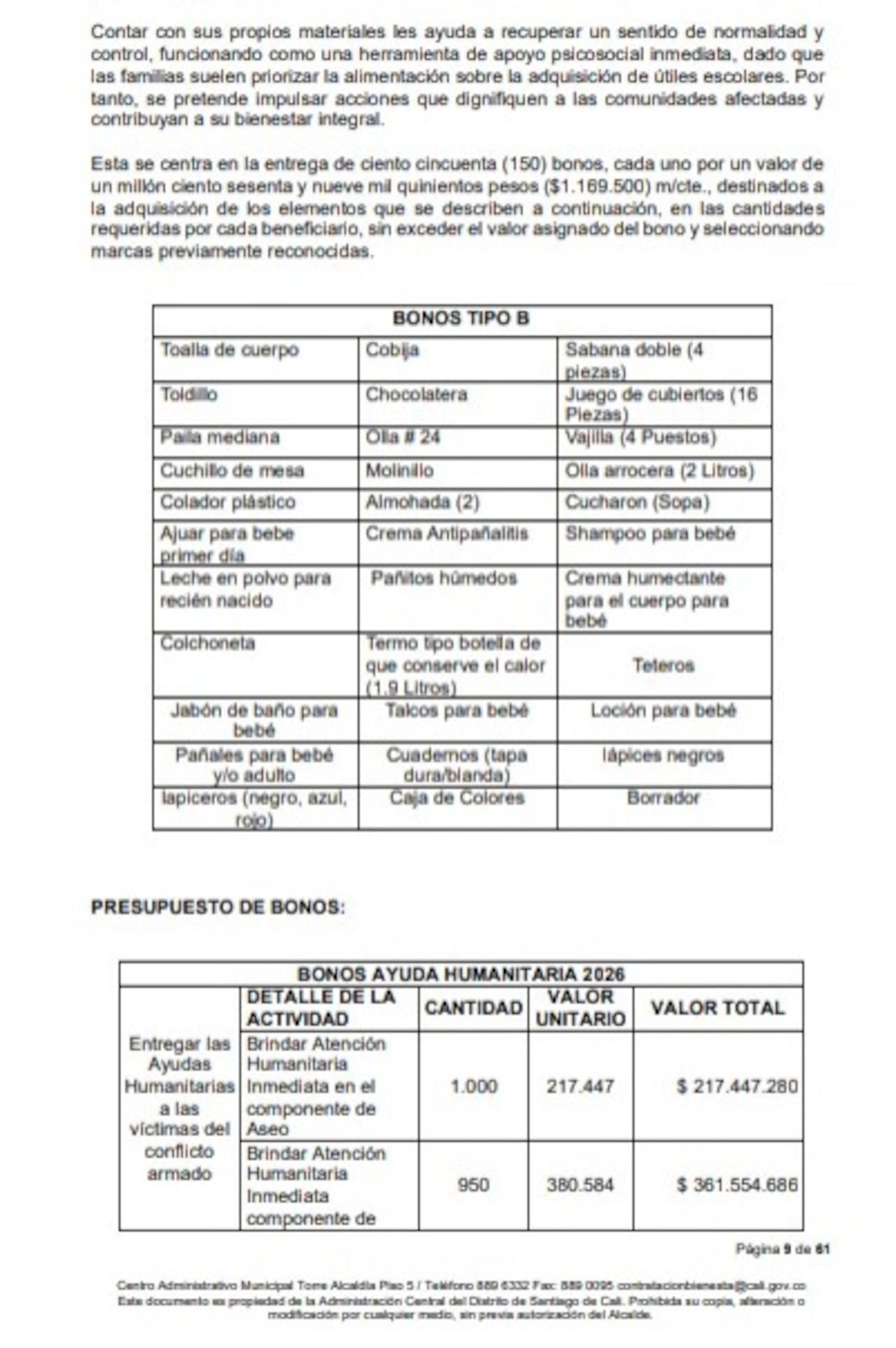 Estos son los presupuestos para algunos de los bonos, según lo estipulado en el Secop II.