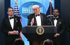 El presidente de Estados Unidos, Donald Trump durante una rueda de prensa en la Sala de Prensa Brady de la Casa Blanca en Washington, D.C., poco después del tiroteo ocurrido en la cena de corresponsales de la Casa Blanca el 25 de abril de 2026.