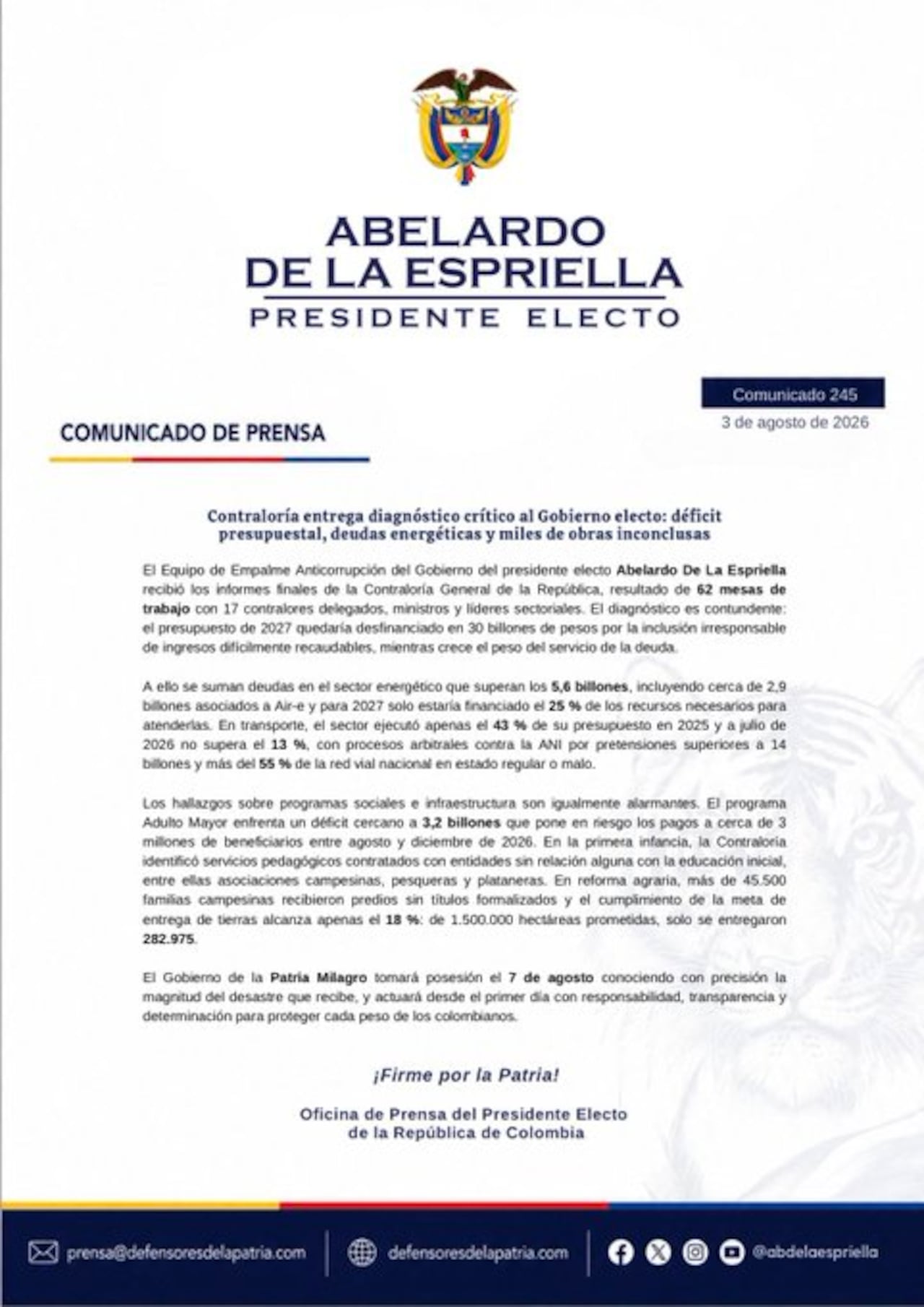 Gobierno de De la Espriella habla de un panorama crítico para las finanzas públicas, el sector energético, la infraestructura y varios programas sociales.