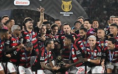 El mediocampista uruguayo del Flamengo #10 Giorgian de Arrascaeta (centro izquierdad) y el delantero #27 Bruno Henrique (centro derecha) levantan el trofeo Brasileirao después de ganar el partido de fútbol Brasileirao Serie A entre Flamengo y Ceará en el estadio Maracaná de Río de Janeiro, Brasil, el 3 de diciembre de 2025. (Foto de Mauro PIMENTEL / AFP)