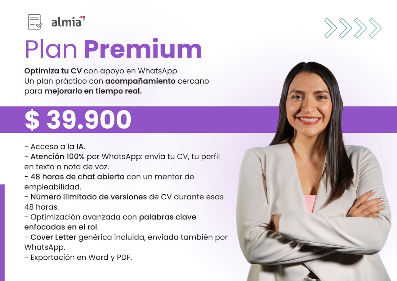 El Plan Premium de Almia ofrece acompañamiento cercano por WhatsApp para optimizar el CV en tiempo real, combinando el criterio humano con herramientas de IA.